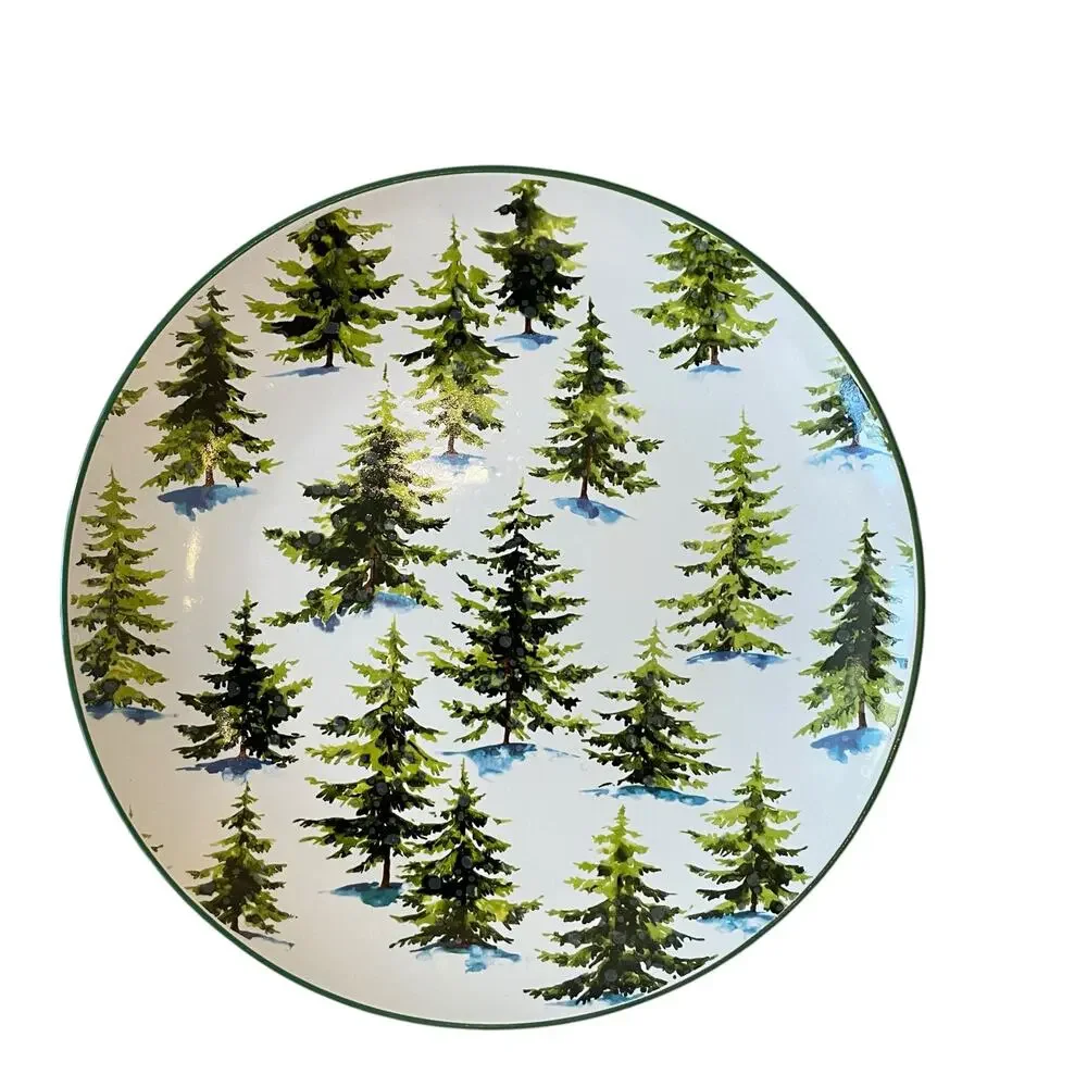 Christmas Pine Tree Dinner Plates 10.5in Ceramic Set of 2 by Global Design New
